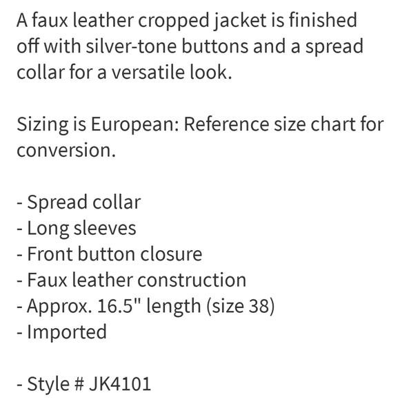 NWT: TOV Cropped Faux Leather Jacket - Picture 5 of 6